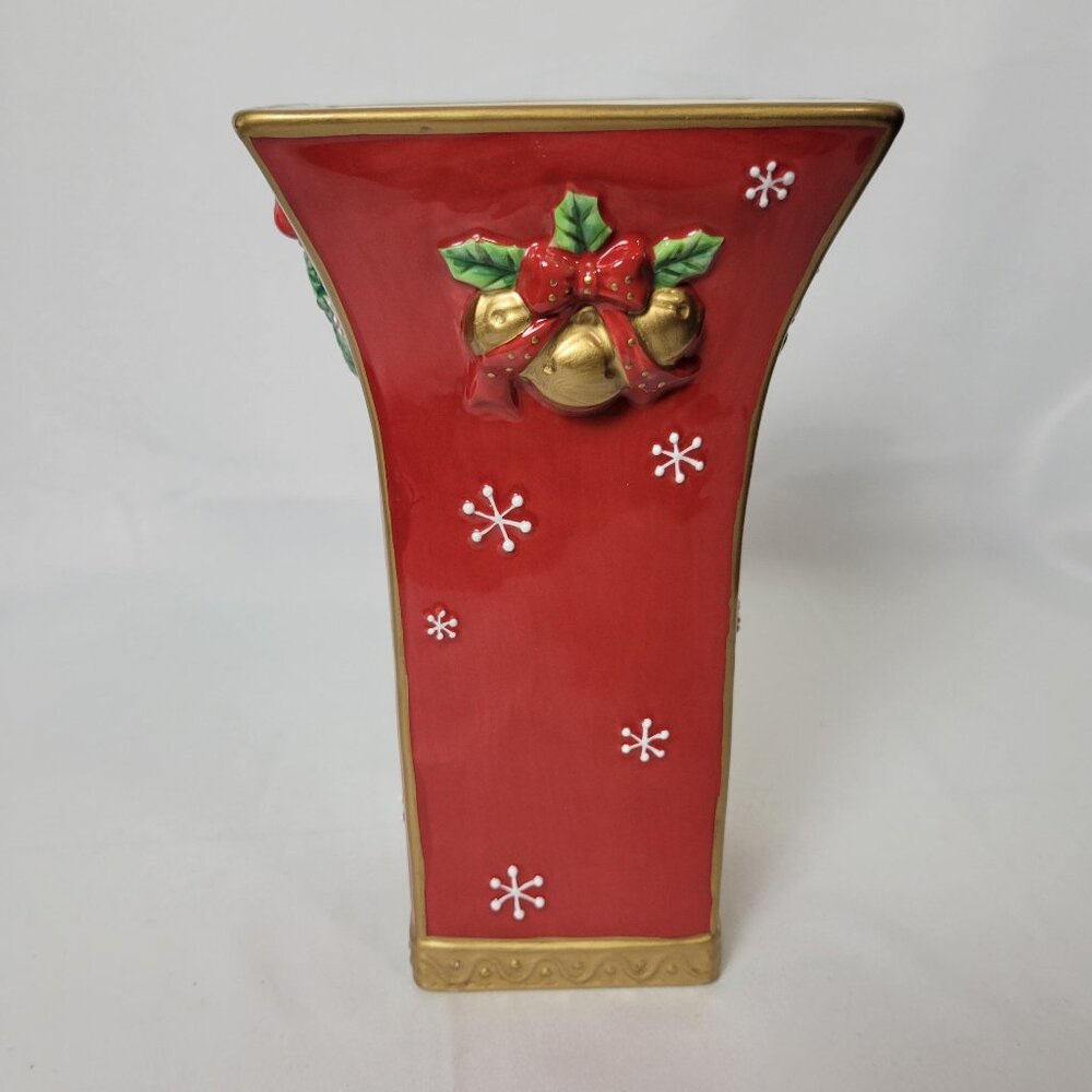 Vintage Fitz and Floyd Festive Bells Ceramic Large Vase Christmas Holiday Red